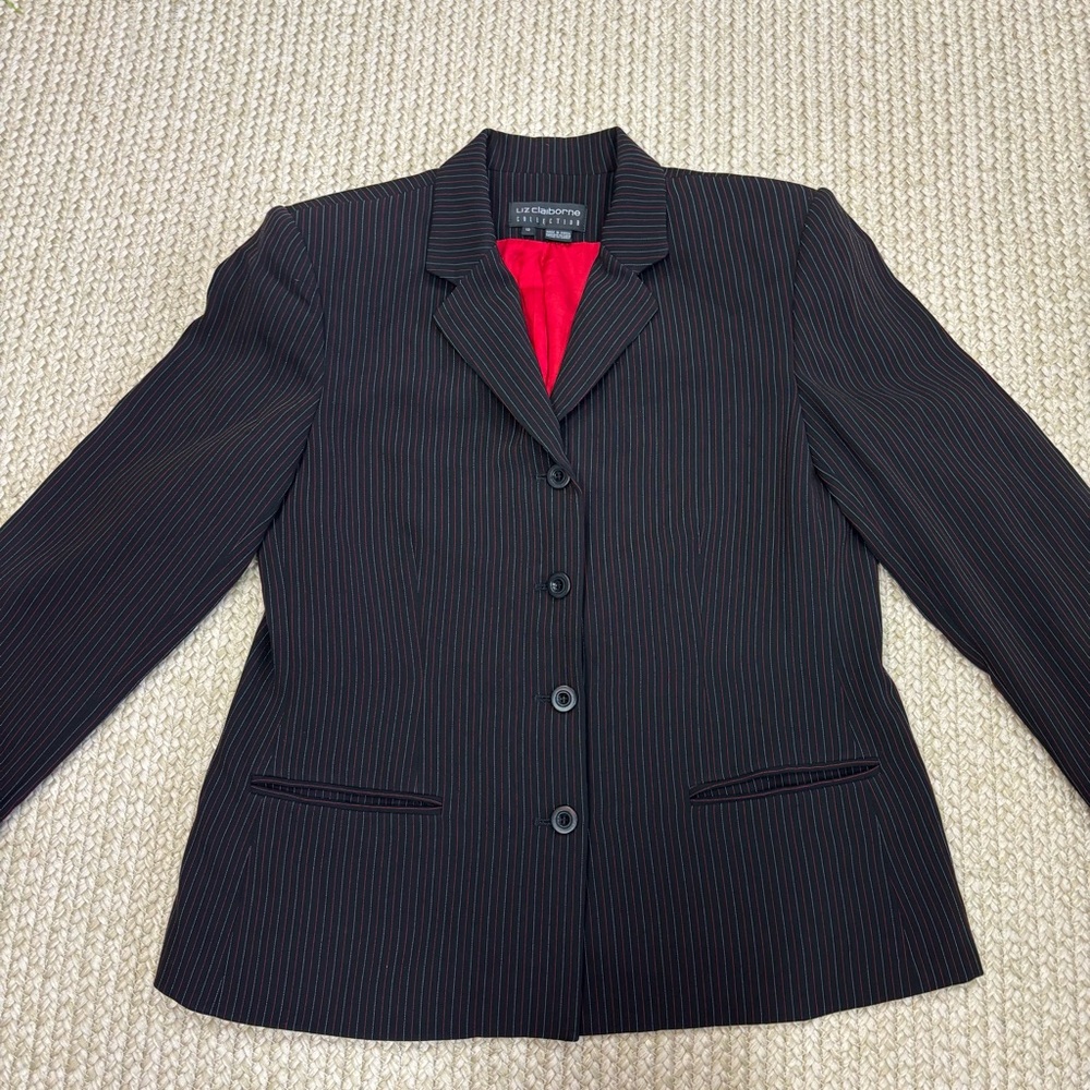 Liz Claiborne Collection Vintage Sz 12 Blazer Button Pinstripe Blk/Wht/Rd